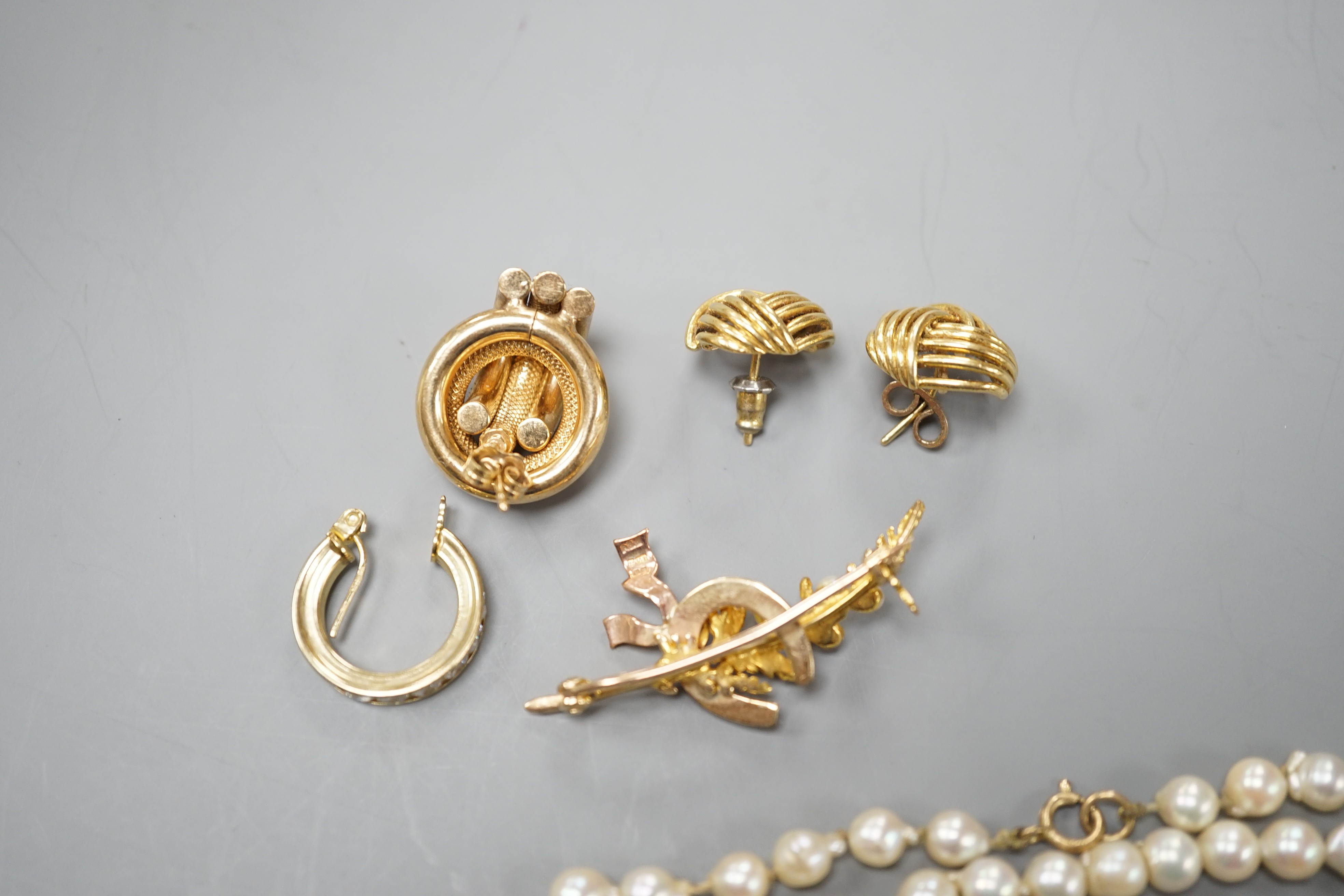 Mixed jewellery including two modern 9ct gold earrings, a single strand cultured pearl necklace (a.f.), a modern 9ct gold and cultured pearl set spray brooch and one other pair of earrings